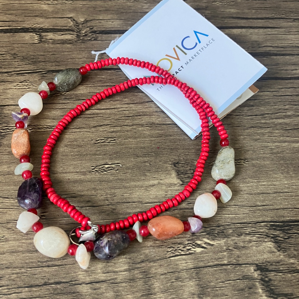 Nwt Novica Agate And Wood Beaded Long Boho Necklace Red And Earth Tones 22$